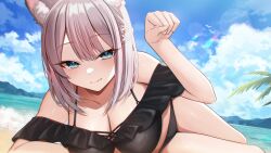 Rule 34 | 1girl, animal, animal ear fluff, animal ears, arm up, bare shoulders, bikini, bird, black bikini, blue eyes, blue sky, blush, breasts, brown hair, cleavage, closed mouth, cloud, collarbone, commentary request, day, fang, fang out, flower, hair flower, hair ornament, highres, hoshimiya aki, indie virtual youtuber, large breasts, looking at viewer, lying, mitsuki momo, official art, on side, outdoors, palm tree, paw pose, sky, smile, solo, swimsuit, tree, virtual youtuber, water, white flower