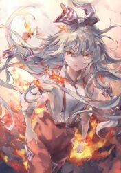 Rule 34 | 1girl, bow, buttons, collared shirt, commentary request, cowboy shot, fire, floating hair, fujiwara no mokou, grey hair, hair between eyes, hair bow, hand in pocket, highres, lips, long hair, long sleeves, looking at viewer, nanop38, ofuda, ofuda on clothes, orange eyes, pants, parted lips, red pants, shirt, sleeve cuffs, smile, solo, suspenders, touhou, very long hair, white bow, white shirt