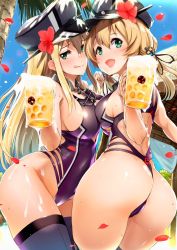Rule 34 | 10s, 2girls, alcohol, anchor, anchor hair ornament, ass, beach, beer, beer mug, bismarck (kancolle), blonde hair, blush, breasts, collar, cross, cup, day, flower, green eyes, hair between eyes, hair flower, hair ornament, hat, highres, iron cross, kantai collection, large breasts, long hair, looking at viewer, medium breasts, mug, multiple girls, nylon (nylon 100%), one-piece swimsuit, open mouth, outdoors, palm tree, peaked cap, prinz eugen (kancolle), purple one-piece swimsuit, sideboob, straight hair, swimsuit, thighhighs, tongue, tongue out, tree, twintails, wet
