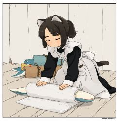 Rule 34 | 1girl, akai sashimi, animal ears, apron, artist name, black hair, cat ears, cat girl, cat tail, collared dress, cuffs, dot mouth, dress, eel, english text, closed eyes, floor, indoors, kneeling, long skirt, long sleeves, maid, mouse tail, pocket, short ponytail, sidelocks, skirt, string, tail, tongue, tongue out, towel, wooden floor, wooden wall