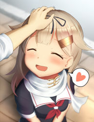 Rule 34 | 10s, 1girl, :d, admiral (kancolle), black shirt, blonde hair, blurry, blurry background, blush, closed eyes, depth of field, eyebrows, hair flaps, hair ornament, hair tie, hairclip, hands together, headpat, heart, indoors, kantai collection, long hair, looking up, maku ro, necktie, open mouth, scarf, shirt, short sleeves, smile, spoken heart, tiles, white shirt, yuudachi (kancolle)