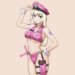 Rule 34 | 1girl, adapted uniform, aegis (nerocc), bare shoulders, baton, bikini, bikini bottom only, blonde hair, breasts, collarbone, crop top, crossdraw holster, gun, hand on own hip, handgun, hat, holster, large breasts, long hair, marian e. carl, md5 mismatch, navel, noble witches, o-ring, o-ring bottom, pink bikini, pistol, police badge, police hat, purple eyes, solo, strike witches, swimsuit, tattoo, underboob, weapon, world witches series, wrist cuffs