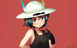Rule 34 | 10s, 1girl, arm behind back, armpits, black gloves, black hair, black tank top, blue eyes, blush, brown gloves, collarbone, comic, commentary request, ears visible through hair, feathers, gloves, hair between eyes, hat, hat ribbon, kaban (kemono friends), kemono friends, looking at viewer, open mouth, parted lips, red background, ribbon, short hair, signature, solo, tank top, upper body, welt (kinsei koutenkyoku), ||/