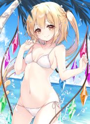 Rule 34 | 1girl, absurdres, adjusting clothes, adjusting swimsuit, bikini, blonde hair, blue sky, braid, breasts, closed mouth, cloud, cloudy sky, cowboy shot, crystal, day, drill hair, dutch angle, flandre scarlet, groin, hair tie, haruki (colorful macaron), highres, horizon, long hair, looking at viewer, navel, ocean, outdoors, palm tree, pointy ears, red eyes, side-tie bikini bottom, side ponytail, sky, small breasts, smile, solo, splashing, standing, string bikini, swimsuit, touhou, tree, twitter username, water, water drop, white bikini, wings