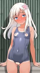 Rule 34 | 1girl, bare arms, bare legs, bare shoulders, black one-piece swimsuit, blonde hair, blue eyes, blue one-piece swimsuit, blush, breasts, cleft of venus, closed mouth, covered navel, cowboy shot, flower, furaggu (frag 0416), gluteal fold, hair flower, hair ornament, highres, kantai collection, long hair, looking at viewer, nipples, one-piece swimsuit, one-piece tan, pink flower, pussy, ro-500 (kancolle), school swimsuit, small breasts, solo, standing, swimsuit, tan, tanline