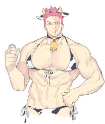 Rule 34 | 1boy, abs, animal ears, animal print, bara, beard, bell, blue eyes, boku no hero academia, collar, covered erect nipples, cow boy, cow ears, cow horns, cow print, cowbell, deavor lover, endeavor (boku no hero academia), facial hair, hand on own hip, horns, large pectorals, male focus, milk, muscular, neck bell, pectoral cleavage, pectorals, red hair, revealing clothes, scar, solo, spiked hair, topless male, upper body