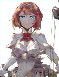 Rule 34 | 10s, 1girl, aqua eyes, ark royal (kancolle), bob cut, bow (weapon), breasts, cleavage, compound bow, hairband, itomugi-kun, kantai collection, looking at viewer, machinery, red hair, ribbon, simple background, small breasts, smile, solo, tiara, weapon, white background