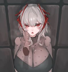 Rule 34 | 1boy, 1girl, after kiss, against wall, antenna hair, antennae, arknights, breasts, cleavage, cross in eye, demon girl, demon horns, disembodied hand, doctor (arknights), grey hair, hair between eyes, highres, horns, lace shirt, large breasts, linza, looking at viewer, red eyes, saliva, see-through, see-through shirt, shirt, short hair, strapless, strapless shirt, translation request, w (arknights)