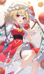 Rule 34 | 1girl, :d, apple, ascot, blonde hair, breasts, crystal, dress, fang, flandre scarlet, food, fruit, garter straps, gradient background, hat, highres, holding, holding food, holding fruit, kiramarukou, looking at viewer, medium breasts, mob cap, one side up, open mouth, red apple, red dress, red eyes, short hair, short sleeves, skin fang, smile, solo, touhou, white hat, white legwear, wings, yellow ascot