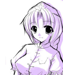 Rule 34 | 1girl, braid, breasts, covered erect nipples, female focus, frown, hat, large breasts, long hair, looking at viewer, lowres, monochrome, nurse cap, parted bangs, purple theme, ryuushou, simple background, sketch, solo, touhou, upper body, white background, white hair, yagokoro eirin