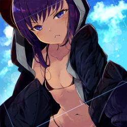 Rule 34 | 1girl, bare shoulders, bikini, black bikini, black choker, black jacket, blue eyes, blue sky, blush, breasts, choker, cleavage, closed mouth, cloud, collarbone, fate/grand order, fate (series), from below, frown, hair strand, highres, hood, jacket, kyuu (plastic night q), long sleeves, looking at viewer, looking down, medium hair, meltryllis, meltryllis (fate), meltryllis (swimsuit lancer) (fate), meltryllis (swimsuit lancer) (first ascension) (fate), micro bikini, navel, open clothes, open jacket, purple hair, scowl, sidelocks, sky, sleeves past fingers, sleeves past wrists, small breasts, solo, stomach, swimsuit, upper body, wide sleeves