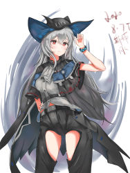 Rule 34 | 1girl, absurdres, arknights, ascot, belt, black belt, black cape, black gloves, black hat, black pants, breasts, cape, chitangbujiayan, closed mouth, clothing cutout, commentary, cowboy shot, dated, female focus, gloves, grey ascot, grey hair, grey shirt, hair between eyes, hand on own hip, hat, highres, long hair, looking at viewer, medium breasts, pants, red eyes, shirt, simple background, skadi (arknights), solo, thigh cutout, thighs, very long hair, white background