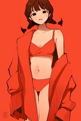 Rule 34 | 1girl, bikini, bikini under clothes, blending, braid, brown hair, coat, coat partially removed, collarbone, highres, kimura 731, looking at viewer, navel, original, red background, red bikini, red coat, red theme, simple background, single bare shoulder, sleeves past fingers, sleeves past wrists, swimsuit, thigh gap, twin braids