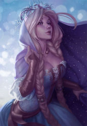 Rule 34 | 1girl, braid, breasts, circlet, cleavage, cloak, commentary, english commentary, guinevere, hair tubes, highres, hood, jessica oyhenart, large breasts, lips, long hair, looking at viewer, mythology, nose, revision, snow, solo, torc, twin braids, very long hair