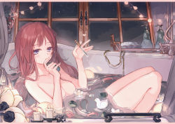 Rule 34 | 1girl, bath, bathing, bathroom, bathtub, blush, breasts, brown hair, candle, candlestand, cleavage, collarbone, commentary request, constellation, fingernails, highres, holding, indoors, knees up, libra (constellation), long fingernails, long hair, looking away, medium breasts, megane poni, nail polish, night, night sky, nude, original, parted lips, partially submerged, pink nails, plant, potted plant, purple eyes, rubber duck, sky, slipper bathtub, smile, solo, star (sky), starry sky, twitter username, very long hair, water, wet, window