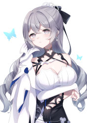 Rule 34 | 1girl, absurdres, arms under breasts, bare shoulders, black gloves, blue butterfly, bow, breasts, bronya zaychik, bronya zaychik (silverwing: n-ex), bug, butterfly, cleavage, closed mouth, dress, drill hair, earrings, gloves, grey eyes, grey hair, hair bow, highres, honkai (series), honkai impact 3rd, insect, jewelry, long hair, looking at viewer, simple background, single glove, single sleeve, sleeveless, sleeveless dress, solo, twin drills, white background, white dress, white sleeves, yukki 0125