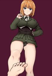 Rule 34 | 10s, 1girl, bad id, bad twitter id, barefoot, black panties, blue eyes, blush, brave witches, breasts, corset, feet, foot focus, from below, gluteal fold, gundula rall, hand on own hip, large breasts, looking at viewer, military, military uniform, new yukuyon, orange hair, panties, purple background, short hair, soles, solo, standing, standing on one leg, strike witches, toes, underwear, uniform, world witches series