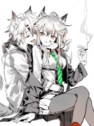 Rule 34 | 2girls, animal ears, arknights, bracelet, cigarette, crossed legs, feet out of frame, gloves, green necktie, greyscale, hand on another&#039;s face, highres, holding, holding cigarette, hood, hoodie, hug, hug from behind, jacket, jewelry, jiu yang, lappland (arknights), long hair, long sleeves, looking at another, monochrome, multiple girls, necktie, open mouth, pantyhose, parted lips, red eyes, sitting, skirt, smoke, spot color, tail, texas (arknights), wolf ears, wolf girl, wolf tail, yuri
