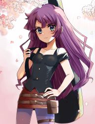 Rule 34 | 1girl, belt, blue eyes, breasts, cherry blossoms, closed mouth, clothing cutout, collarbone, guitar case, hand on own hip, highres, holding, honi hogya, instrument case, kirishima romin, long hair, looking at viewer, miniskirt, pants, pantyhose, pencil skirt, purple hair, purple pants, purple pantyhose, red skirt, shoulder cutout, skirt, small breasts, solo, thigh strap, very long hair, yu-gi-oh!, yu-gi-oh! sevens