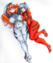 Rule 34 | 2girls, alternate breast size, arms up, ayanami rei, ayanami rei (cosplay), blue hair, blush, bodysuit, grabbing another&#039;s breast, breasts, closed mouth, cosplay, costume switch, crossdressing, curvy, full body, grabbing, hair ornament, highres, keigi, large breasts, long hair, looking at viewer, lying, multiple girls, neon genesis evangelion, on back, on side, orange hair, plugsuit, plump, purple eyes, red bodysuit, short hair, simple background, small breasts, souryuu asuka langley, souryuu asuka langley (cosplay), thick thighs, thighs, white background, wide hips