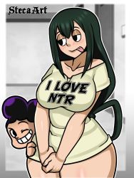 Rule 34 | 1boy, 1girl, asui tsuyu, black eyes, blush, boku no hero academia, breasts, frog, frog girl, frog hair ornament, green hair, hair ornament, height difference, highres, long hair, long tongue, looking at another, looking at viewer, mineta minoru, one eye closed, purple hair, smile, steca, taller female, thick thighs, thighs, tongue, tongue out, wide hips, wink