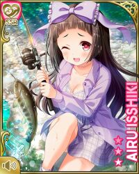 Rule 34 | 1girl, ;d, black hair, bow, character name, collarbone, day, dress, fish, fishing, girlfriend (kari), head bow, isshiki airu, jacket, long hair, official art, one eye closed, open mouth, outdoors, purple bow, purple dress, purple jacket, qp:flapper, red eyes, river, shoes, side ponytail, sitting, smile, sneakers, tagme