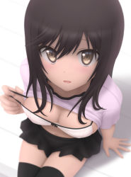 Rule 34 | 1girl, arm at side, bikini, bikini under clothes, black skirt, black thighhighs, blurry, blush, breasts, brown eyes, brown hair, cleavage, clothes lift, depth of field, foreshortening, from above, highres, ichijou hotaru, long hair, looking at viewer, looking up, medium breasts, miniskirt, navel, non non biyori, pulling own clothes, shirt lift, short sleeves, siraha, skirt, solo, strap pull, swimsuit, thighhighs, white bikini, zettai ryouiki