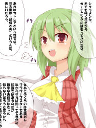 Rule 34 | 1girl, :3, ascot, blush, breasts, efe, female focus, green hair, kazami yuuka, large breasts, open mouth, plaid, plaid vest, pointing, red eyes, short hair, solo, touhou, translation request, upper body, vest