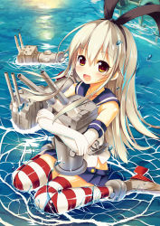 10s 1girl :d anchor_hair_ornament bare_shoulders blonde_hair blue_skirt bow brown_eyes elbow_gloves gloves hair_bow hair_ornament hairband highres hug kantai_collection long_hair looking_at_viewer microskirt open_mouth pleated_skirt rensouhou-chan sailor_collar shimakaze_(kancolle) sitting sitting_on_water skirt smile striped_clothes striped_thighhighs sumisuzu thighhighs wariza white_gloves