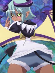 Rule 34 | 10s, 1girl, absurdres, ass, back, blush, dark skin, dark-skinned female, fang, female focus, highres, horns, lilith (monster musume), monster girl, monster musume no iru nichijou, shorts, slit pupils, smile, solo, standing, stitched, tail, third-party edit, wings