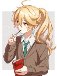 Rule 34 | 1boy, aether (genshin impact), alternate costume, alternate hairstyle, ar (rikuesuto), blonde hair, brown sweater, earrings, eating, food, genshin impact, green necktie, hair between eyes, highres, jewelry, long hair, long sleeves, necktie, open mouth, pocky, ponytail, shirt, solo, sweater, white shirt, yellow eyes