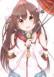 Rule 34 | 10s, 1girl, blush, breasts, brown eyes, brown hair, cherry blossoms, cherry rosso, flower, hair flower, hair ornament, highres, kantai collection, large breasts, long hair, oil-paper umbrella, open mouth, personification, ponytail, radar, smile, solo, umbrella, very long hair, yamato (kancolle)