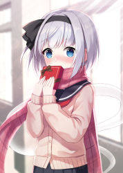Rule 34 | 1girl, alternate costume, arms up, black skirt, blue eyes, blue sailor collar, blurry, blurry background, blush, box, cardigan, commentary request, covering own mouth, gift, gift box, hair ribbon, holding, holding box, konpaku youmu, konpaku youmu (ghost), long sleeves, looking at viewer, neckerchief, nose blush, pink cardigan, pink scarf, pleated skirt, red neckerchief, ribbon, sailor collar, scarf, short hair, silver hair, skirt, solo, standing, suzuno naru, touhou, upper body, valentine, window