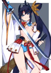 Rule 34 | 1girl, armor, black hair, black hat, blue eyes, blue gloves, blue panties, breasts, circlet, detached sleeves, fate/grand order, fate (series), gloves, hacco mayu, hat, highres, holding, holding sword, holding weapon, japanese armor, katana, kusazuri, long hair, looking at viewer, panties, revealing clothes, sheath, side ponytail, single glove, smile, solo, sword, underwear, ushiwakamaru (fate), very long hair, weapon