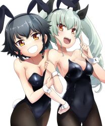Rule 34 | 2girls, anchovy (girls und panzer), animal ears, arm hug, black hair, black leotard, black pantyhose, blush, braid, breasts, brown eyes, buchikaki, cleavage, covered navel, drill hair, fake animal ears, fake tail, girls und panzer, green hair, grin, hand on own hip, highres, instrument, large breasts, leotard, long hair, looking at viewer, multiple girls, music, open mouth, pantyhose, pepperoni (girls und panzer), playing instrument, rabbit ears, rabbit tail, short hair, simple background, smile, tail, twin drills, twintails, white background, yellow eyes