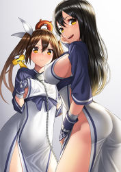 Rule 34 | 2girls, :d, ainu clothes, ass, black hair, blush, breasts, brown eyes, brown hair, chain, chikuma (kancolle), closed mouth, commentary request, cosplay, dress, hair between eyes, hair ribbon, kamoi (kancolle), kamoi (kancolle) (cosplay), kantai collection, large breasts, lips, long hair, looking at viewer, multiple girls, open mouth, pelvic curtain, ribbon, sideboob, small breasts, smile, teeth, tone (kancolle), twintails, unowen, upper teeth only, white ribbon, wrist guards
