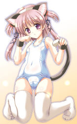 Rule 34 | 00s, animal ears, blush, cat ears, cat girl, cat tail, collarbone, fake animal ears, flat chest, hair bobbles, hair ornament, hair ribbon, long hair, looking at viewer, mizushiro takuya, nanako, nanako (to heart 2), one-piece swimsuit, open mouth, paw pose, pink eyes, pink hair, ribbon, school swimsuit, solo, swimsuit, tail, tail grab, thighhighs, to heart (series), to heart 2, to heart 2 ad, twintails, white one-piece swimsuit, white school swimsuit, white thighhighs, wristband, x hair ornament, yellow background