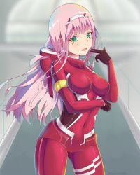 Rule 34 | 10s, 1girl, :d, black gloves, bodysuit, breasts, breasts apart, covered navel, cowboy shot, darling in the franxx, floating hair, gloves, green eyes, hairband, highres, horns, kaptivate, long hair, medium breasts, open mouth, pilot suit, pink hair, red bodysuit, shiny clothes, smile, solo, standing, white hairband, zero two (darling in the franxx)