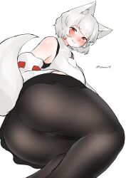 Rule 34 | 1girl, absurdres, animal ear fluff, animal ears, ass, ass focus, bare shoulders, black pantyhose, black skirt, blush, breasts, commentary request, detached sleeves, feet out of frame, highres, inubashiri momiji, large breasts, looking at viewer, lying, miniskirt, no headwear, on side, open mouth, pantyhose, pom pom (clothes), red eyes, ribbon-trimmed sleeves, ribbon trim, shirt, short hair, simple background, skirt, sleeveless, sleeveless shirt, smile, solo, tail, take (take143000), touhou, turtleneck, twitter username, white background, white hair, white shirt, white sleeves, wolf ears, wolf girl, wolf tail