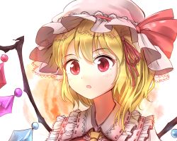 Rule 34 | 1girl, :o, ascot, blonde hair, blush, crystal, flandre scarlet, frilled shirt collar, frills, hair ribbon, hat, hat ribbon, minust, mob cap, open mouth, portrait, red eyes, red ribbon, ribbon, side ponytail, solo, touhou, wings