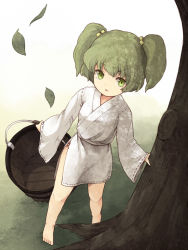 Rule 34 | 1girl, bad id, bad pixiv id, barefoot, bucket, child, female focus, from above, full body, green eyes, green hair, hair bobbles, hair ornament, japanese clothes, kisume, matching hair/eyes, short hair, solo, standing, touhou, tree, twintails, urin