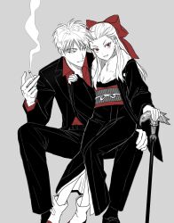 Rule 34 | 1boy, 1girl, akagi: yami ni oritatta tensai, akagi shigeru, blazer, boots, bow, cane, cigarette, commentary request, fukumoto mahjong, full body, genderswap, genderswap (mtf), hair bow, hair slicked back, highres, holding, holding cigarette, jacket, japanese clothes, kimono, korean commentary, long hair, looking at viewer, looking to the side, medium bangs, monochrome, obi, open mouth, pants, red bow, red theme, sash, short hair, simple background, sitting, sitting on lap, sitting on person, smile, smoke, washizu iwao, www 2duck2