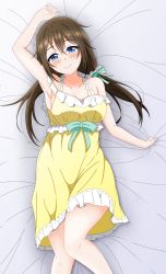 Rule 34 | 1girl, absurdres, alternate hairstyle, aqua eyes, artist name, artist request, bare legs, bare shoulders, bed, blue eyes, blush, bow, breasts, brown hair, cleavage, collarbone, dress, female focus, fluffy-wuffy shizu-bear (love live!), frilled dress, frilled skirt, frills, green bow, hair between eyes, hair bow, hair ornament, hair scrunchie, highres, long hair, looking at viewer, love live!, love live! nijigasaki high school idol club, love live! school idol festival, love live! school idol festival all stars, medium breasts, miniskirt, nail, nail polish, on bed, osaka shizuku, parted lips, plaid, plaid dress, plaid skirt, pleated, pleated dress, pleated skirt, scrunchie, skirt, smile, solo, twintails, white scrunchie, yellow dress, yellow skirt