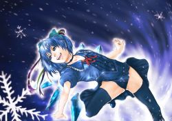 Rule 34 | 1girl, adapted costume, blue eyes, blue hair, blue thighhighs, choker, cirno, flying, highres, matching hair/eyes, open mouth, rikune, short hair, smile, snowflakes, solo, thighhighs, touhou, wings