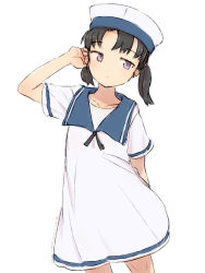 Rule 34 | 1girl, alchera, black hair, blue collar, blue sailor collar, collar, dress, hat, kantai collection, looking at viewer, one-hour drawing challenge, purple eyes, sailor collar, sailor dress, sailor hat, short hair, short sleeves, shounan (kancolle), simple background, solo, standing, twintails, white background, white dress, white hat, white legwear