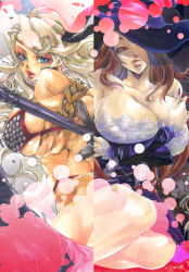 Rule 34 | 2girls, al-10, amazon (dragon&#039;s crown), armlet, armor, bare shoulders, bikini armor, blonde hair, blue eyes, breasts, brown hair, circlet, cleavage, detached sleeves, dragon&#039;s crown, dress, feathers, hat, hat over one eye, large breasts, long hair, multiple girls, muscular, one eye covered, red eyes, sorceress (dragon&#039;s crown), strapless, strapless dress, vanillaware, witch hat