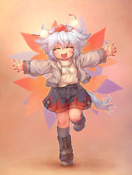 Rule 34 | 1girl, :d, adapted costume, age regression, boots, casual, child, coat, contemporary, closed eyes, female focus, geta, happy, hat, inubashiri momiji, leaf, maple leaf, open mouth, outstretched arms, running, sankuma, short hair, shorts, silver hair, smile, solo, spread arms, tail, tengu-geta, tokin hat, touhou, wolf tail, aged down