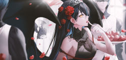 Rule 34 | 1girl, 2others, ascot, bare shoulders, black hair, blurry, blurry background, blurry foreground, breasts, commentary, eating, flower, h2o (dfo), hair flower, hair ornament, heart, highres, hood, long hair, medium breasts, multiple others, original, petals, rei no himo, sparkle, symbol-only commentary, tiara, white ascot, wings