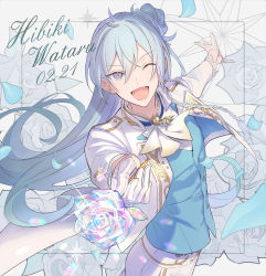 Rule 34 | 1boy, ;d, arms up, ascot, blue eyes, blue flower, blue hair, blue rose, blue shirt, border, braid, character name, commentary, cowboy shot, crystal rose, dated, english text, ensemble stars!, flower, gloves, hair bun, hibiki wataru, highres, holding, holding flower, jacket, long hair, looking at viewer, male focus, one eye closed, open mouth, pants, rice (rice8p), rose, shirt, side bun, simple background, single braid, single glove, single hair bun, single side bun, smile, solo, white ascot, white background, white gloves, white jacket, white pants