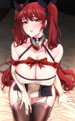 Rule 34 | 1girl, akchu, azur lane, bare shoulders, bed sheet, black ribbon, black thighhighs, blush, bow, breasts, cleavage, commentary request, covered erect nipples, dress, elbow gloves, garter straps, gloves, hair ribbon, highres, honolulu (azur lane), large breasts, long hair, looking at viewer, o-ring, paid reward available, parted lips, pov, red bow, red eyes, red hair, ribbon, sitting, thighhighs, thighs, twintails, very long hair, white gloves